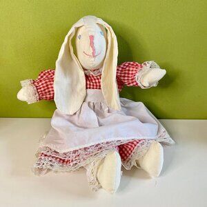 Handmade Easter Bunny Plush Floppy Ears Red White Gingham Apron Rabbit Vintage